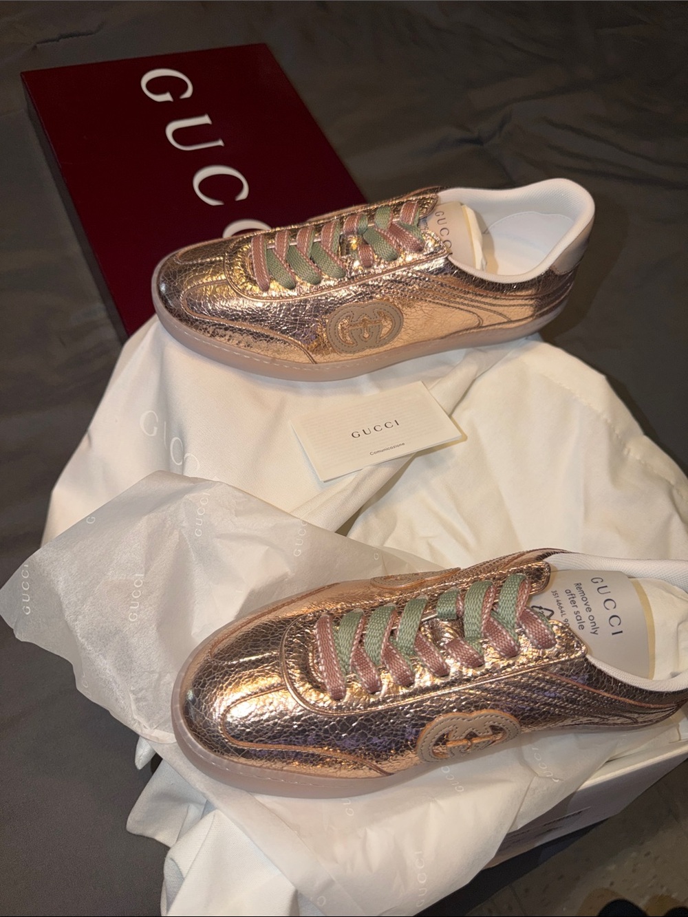 Gucci Metallic Rose Gold Sneakers with Pink & Green Laces